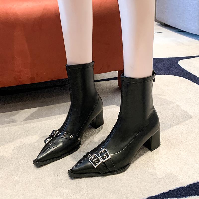 Ботильоны на квадратном каблуке, современные, весна/осень, женская обувь на молнии 2024 года, модные, с острым носком, на среднем каблуке, однотонные, новинка, женские ботинки