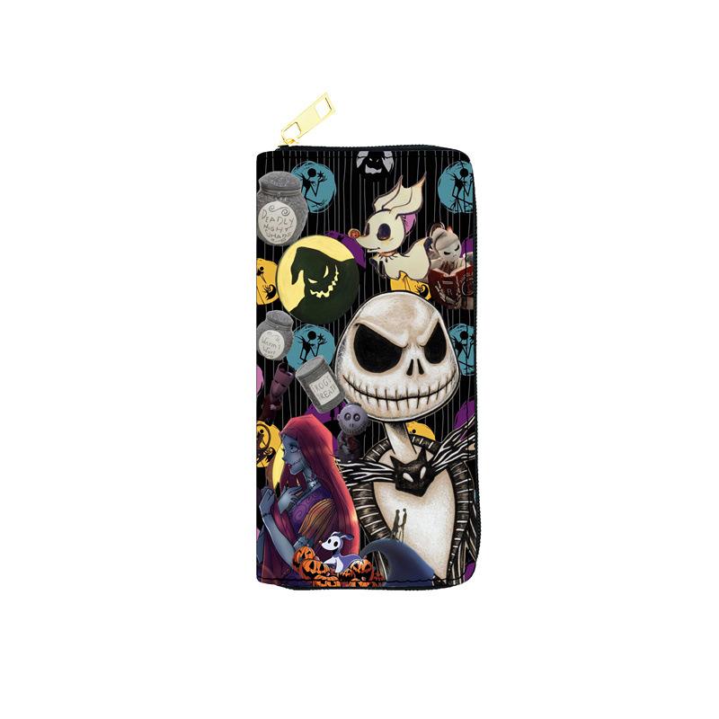 Nightmare Before Christmas PU Long Wallet for Women Zip Clutch Purse Makeup Bag Jack Skellington Print Black 3pcs