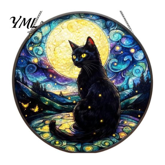 Interactive DIY Craft Set Halloween Moon Black Cat Suncatcher Jigsaw Puzzle, 2D Acrylic Mystical Feline Window Hanging Magical Girl Aesthetic