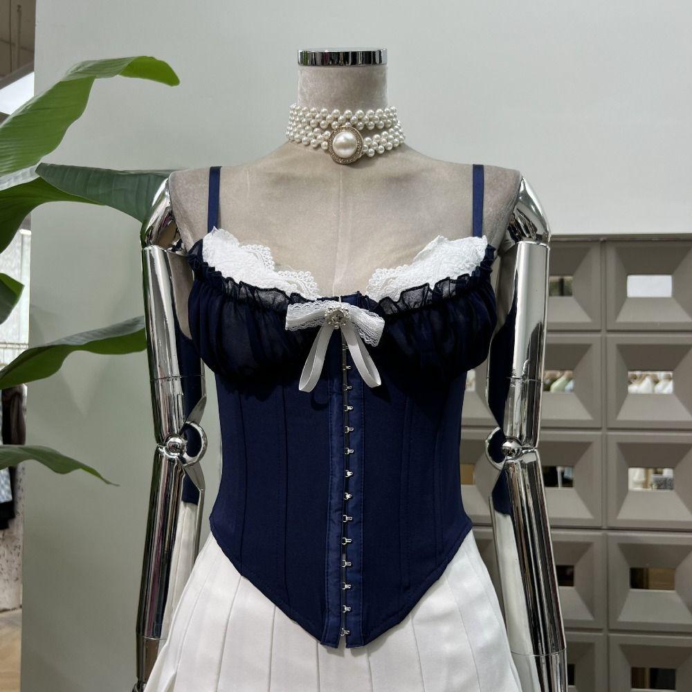 Камисоль с оборками, кружевом и цветком, с пряжкой, облегающий, укороченный топ, модный кружевной корсет, весна-лето