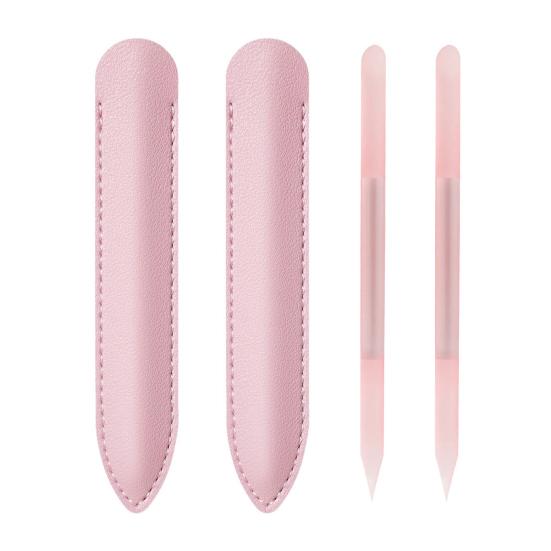 2Pcs/Set Glass Cuticle Pusher Nail File Easy Cleaning Double Sided Glass Manicure Stick with Imitation Leather Case Cuticle Remover Tool