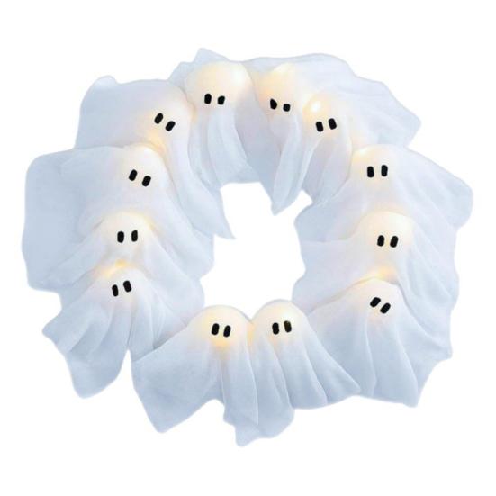 Handmade Lit Ghosts Wreath Halloween Ghost Garland with Lights Battery-Powered LED Light-Up White Spooky Garland Decoration