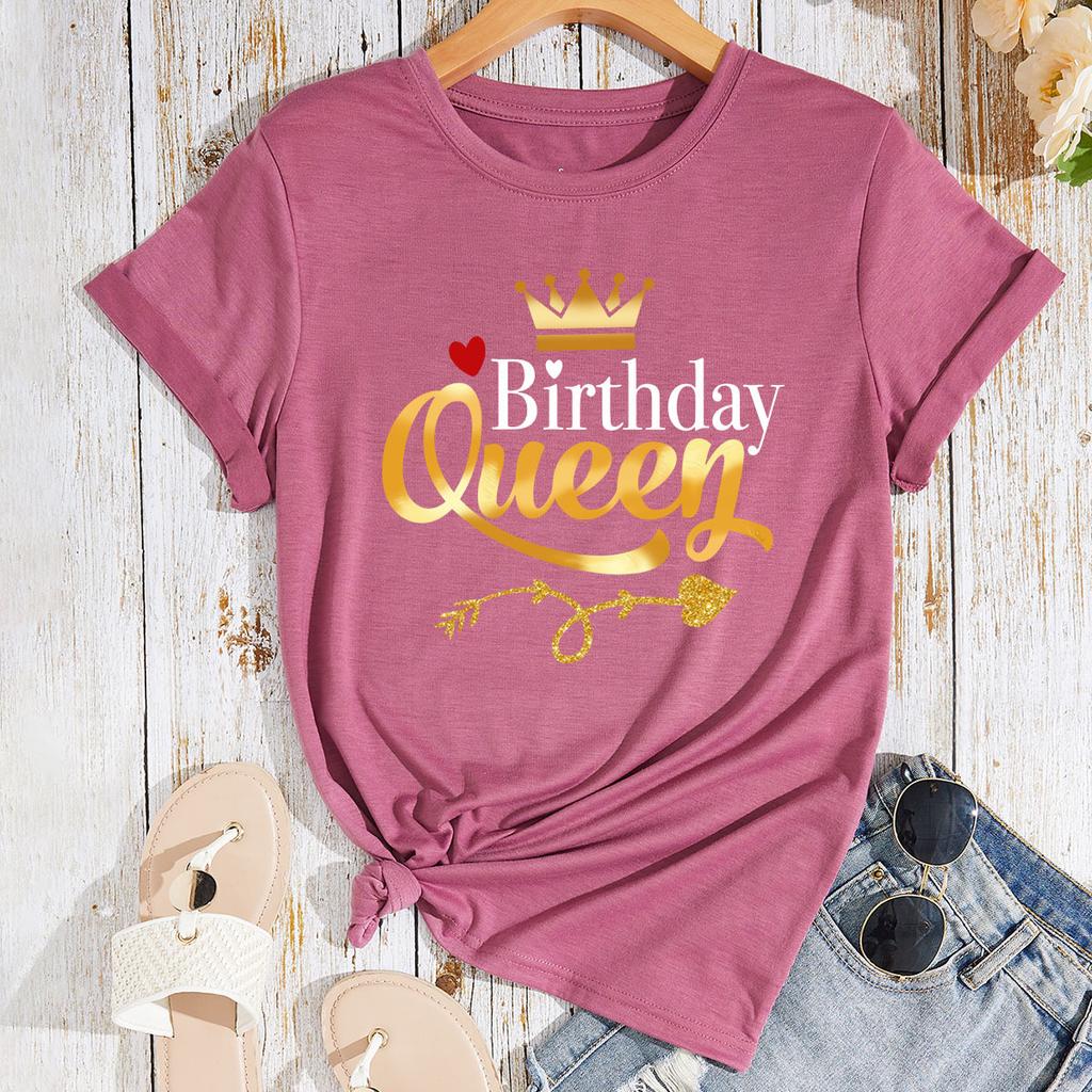 Queen Birthday Pattern Cotton T-Shirt Short Sleeve Round Neck Women 2d Print Tops
