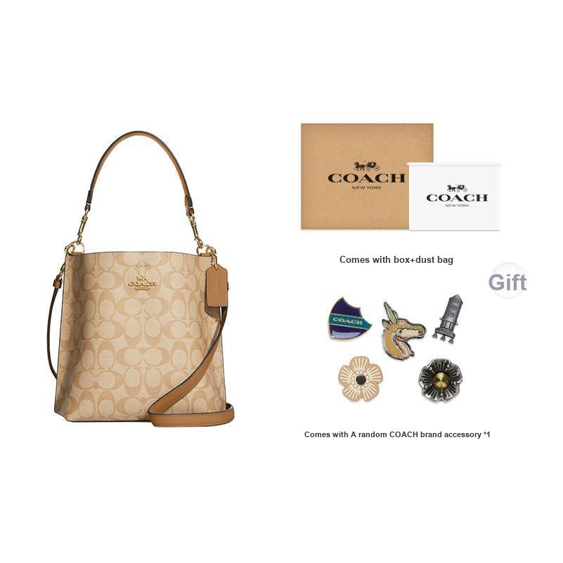 Coach Mollie Bucket Classic Monogram Snap Closure Faux Leather Bucket Bag Women bags Khaki CA582-IMNLJ