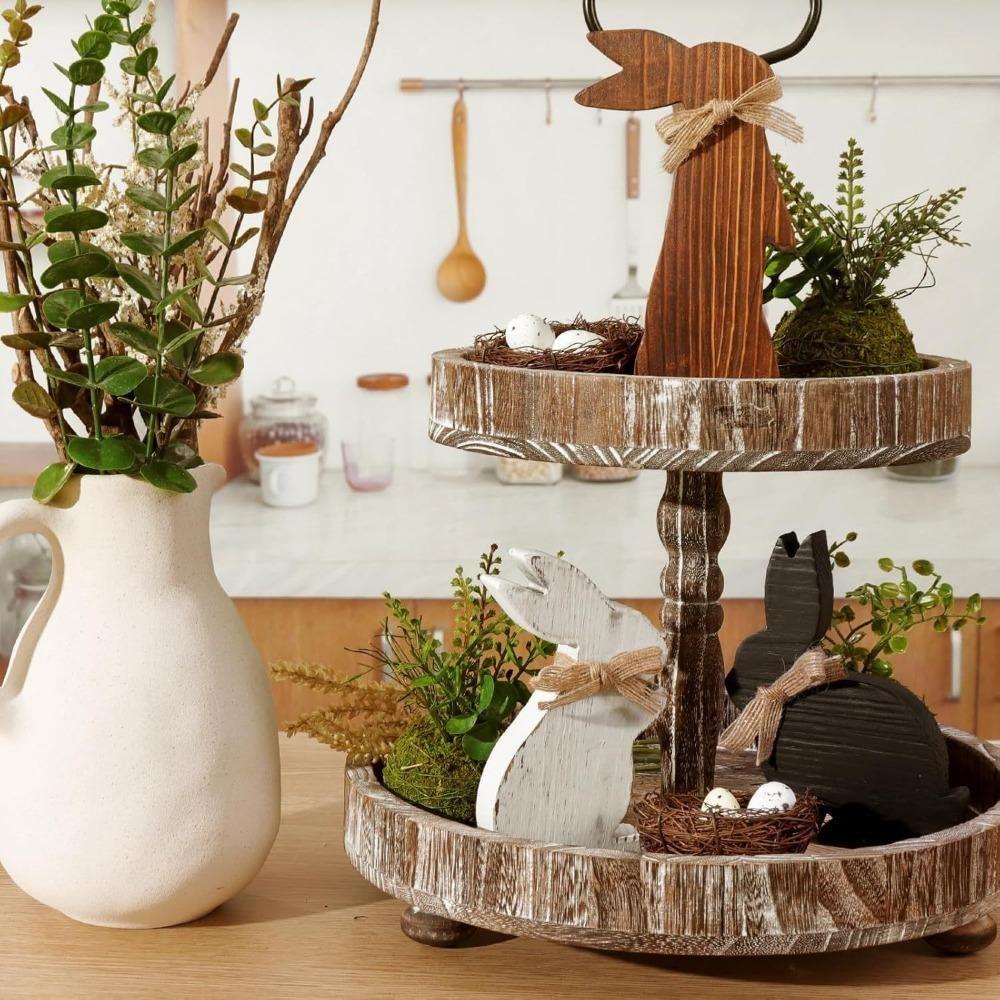 3 Pcs Easter Bunny Easter Decorations Rustic Wooden Table Centerpiece Signs Farmhouse Wood Bunny Tiered Tray Decor for Table Vintage Easter Gifts