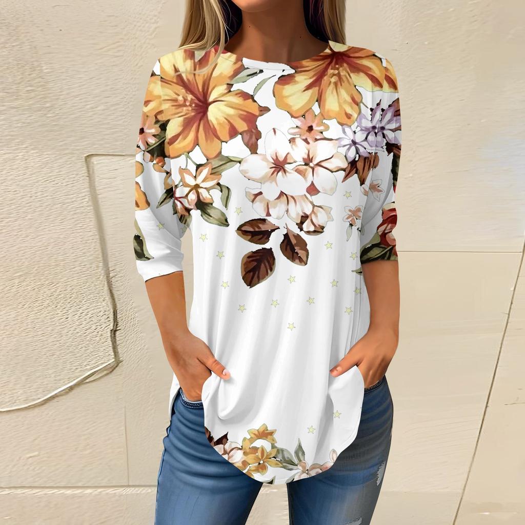 Женская свободная футболка с круглым вырезом и рукавом 3/4, верхний пуловер