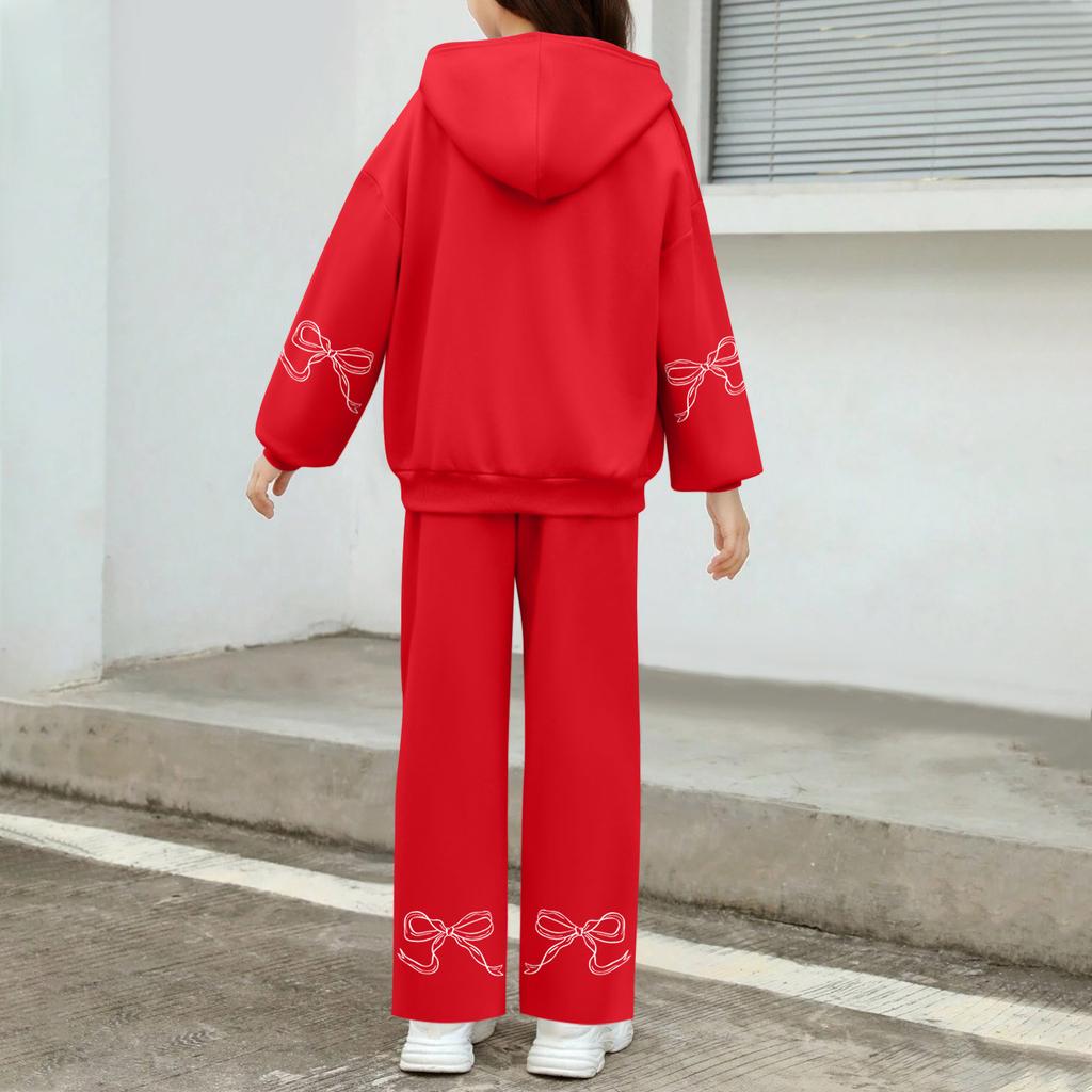 Kids' Plush Long Sleeve Long Pants Loose Pullover Bow Print Hoodie Set