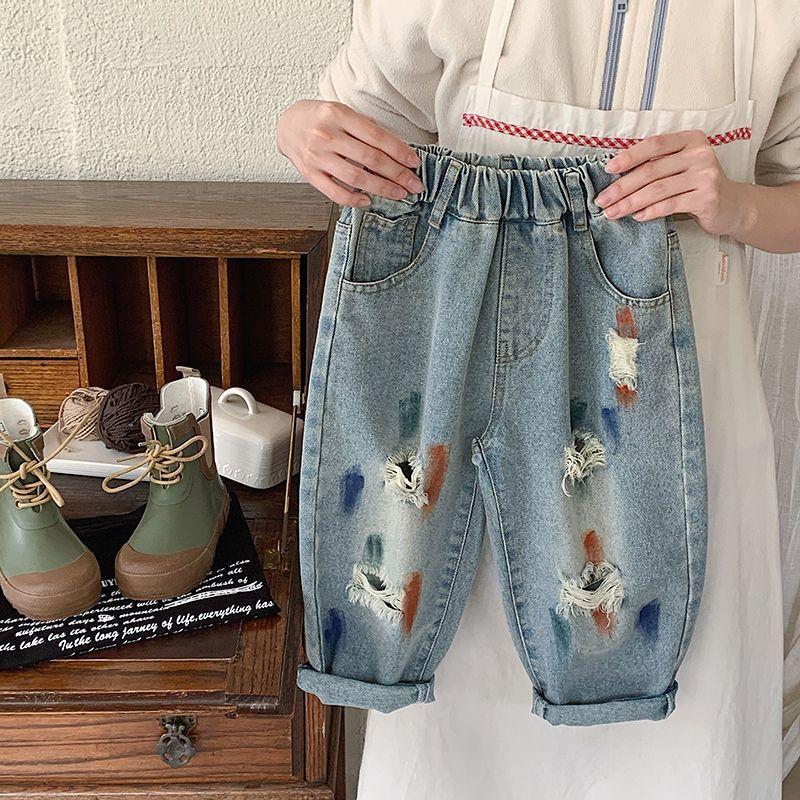 Spring Autumn Kids Soft Cotton Denim Jeans Boys Girls Loose Big PP Pants With Open Crotch Design