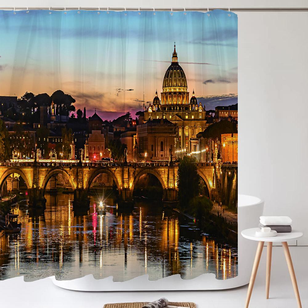 Famous Architectural Scenery Shower Curtain Printed European Landscape Polyster Home Decor Bathroom Curtain with Hooks