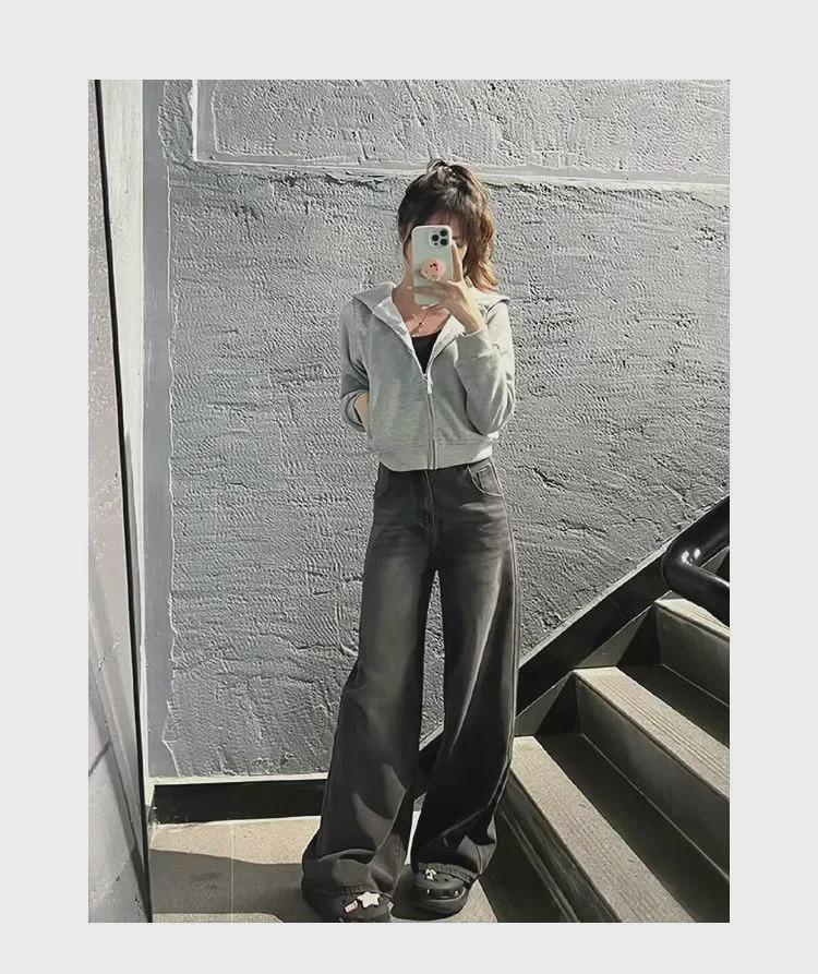 Women's Gray Hooded Zipper Cardigan - Long-Sleeve Sweater Jacket for Spring and Autumn