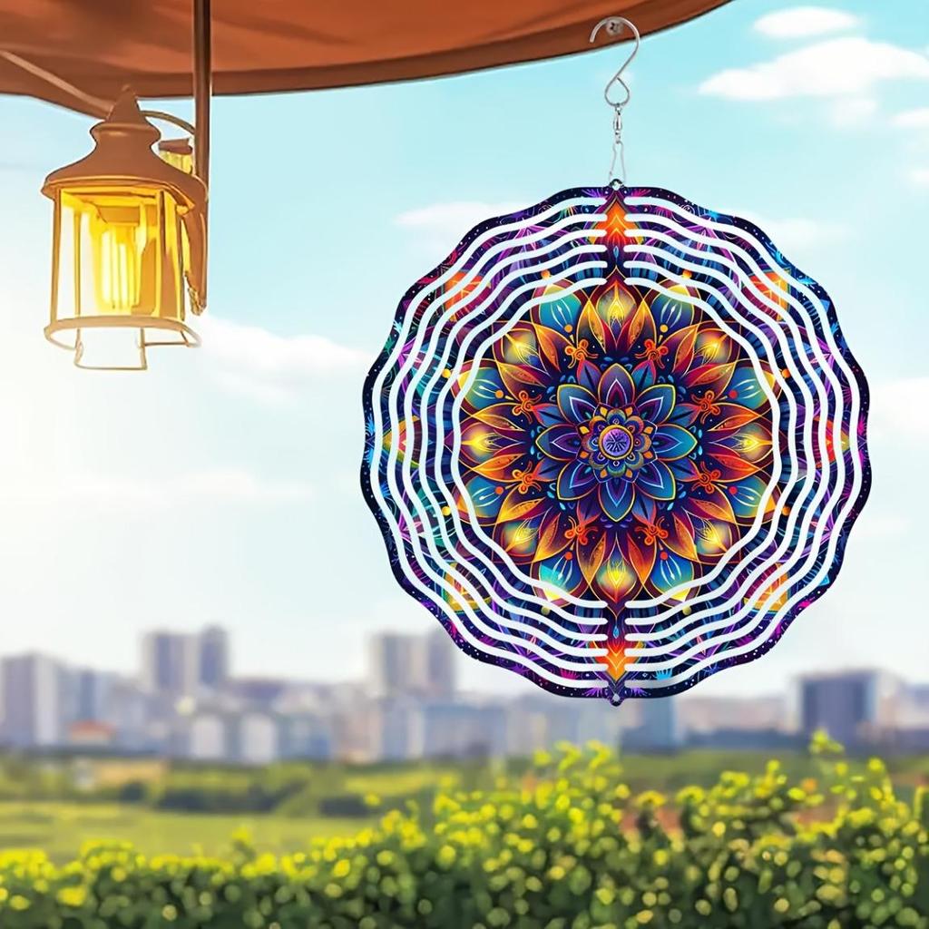 10-Inch Colorful Mandala Wind Spinner – 3D Laser-Cut Metal Art Decor, 360° Rotating Hook for Indoor/Outdoor Use – Vibrant Geometric Garden Spinner