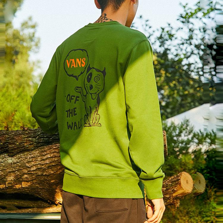 Vans Green Cartoon Cat Print Crew Neck Fleece Sweatshirt VN0A5H76ZQW
