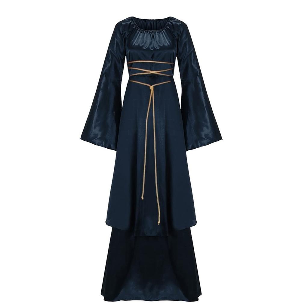 Elegant Dress Long-Sleeved Square-Neck Belted Irregular Dress Retro Clothing Halloween Cosplay Party Comfortable Dress
