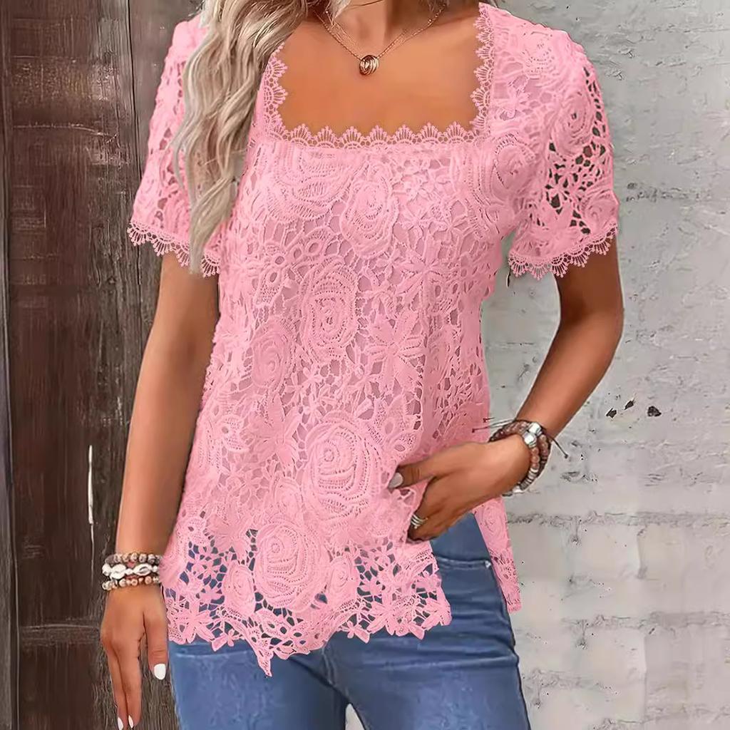 Летняя женская модная однотонная повседневная футболка с квадратным вырезом и короткими рукавами и кружевной отделкой