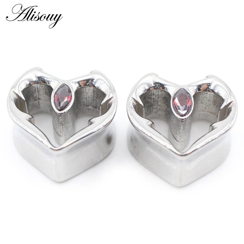 Alisouy 1PC Нержавеющая сталь Сердце Череп Глаз Красный циркон Ушные туннели Пробка Расширитель Растяжитель Измерители Серьги Пирсинг Украшения для тела