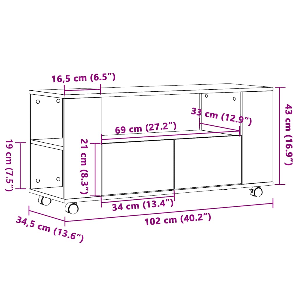 TV Stand with Casters Artisan Oak Finish 102 x 34.5 x 43 cm Engineered Wood