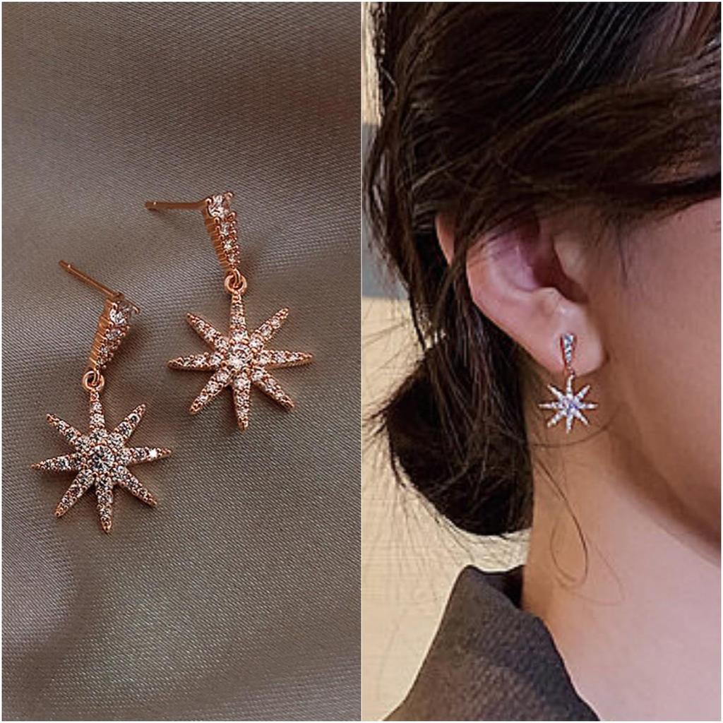 Korean Diamond Snowflake Pendant Earrings: Elegant, High-End, Versatile Design for Women