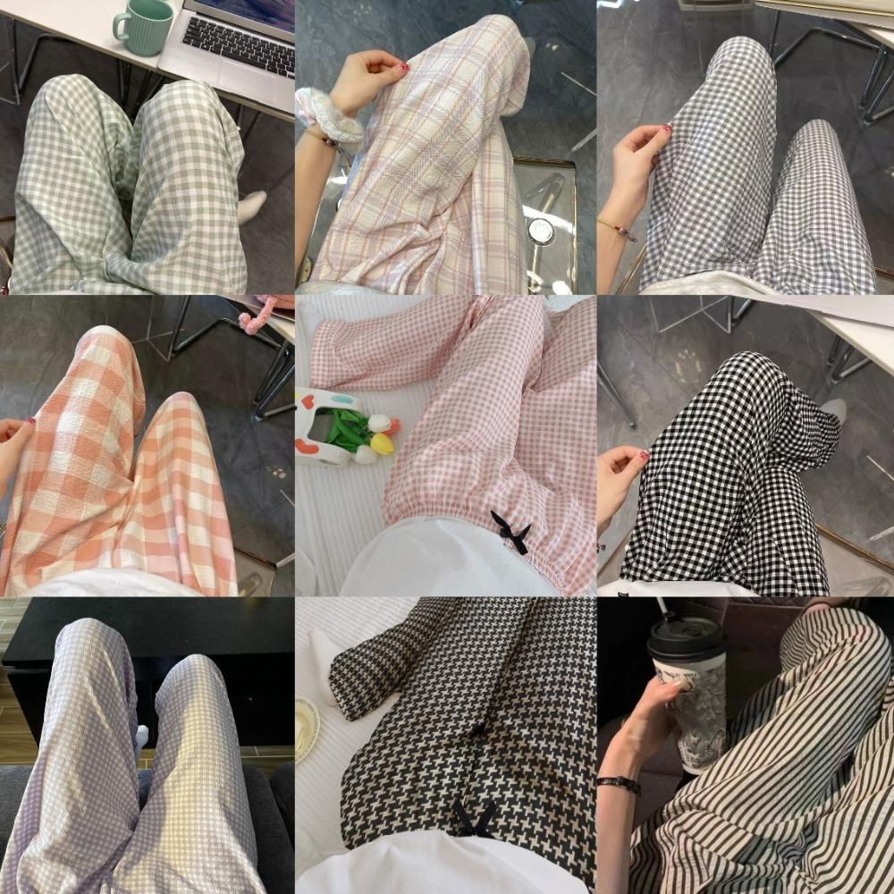 Wide Leg Casual Pants Women Stripe Plaid Baggy Home Pajama Fashion Girls’ Sleepwear Spring Autumn