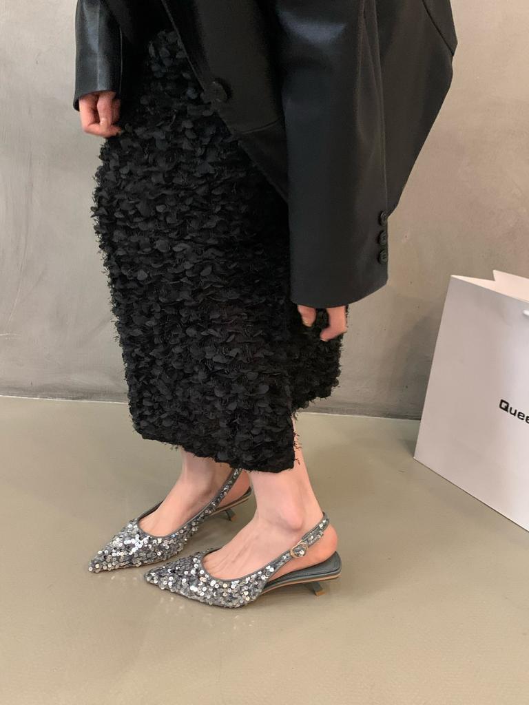 Fashion New Pointed Stiletto High Heels Shoes Sexy Silver Sequins Shallow Mouth Single Shoes Women's Work Dress Shoes High Heel Pumps