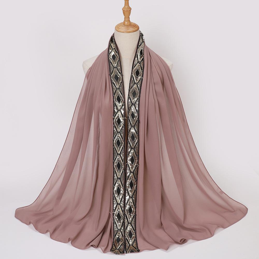 New Pearl Chiffon Embroidered Sequins Decorative Wrap Headscarf, Malaysia Indonesia Fashion Lace Ladies Scarf