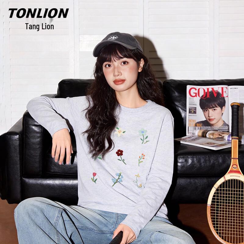 Женская футболка TonLion свободного кроя, из чистого хлопка, с цветочной вышивкой, с длинным рукавом