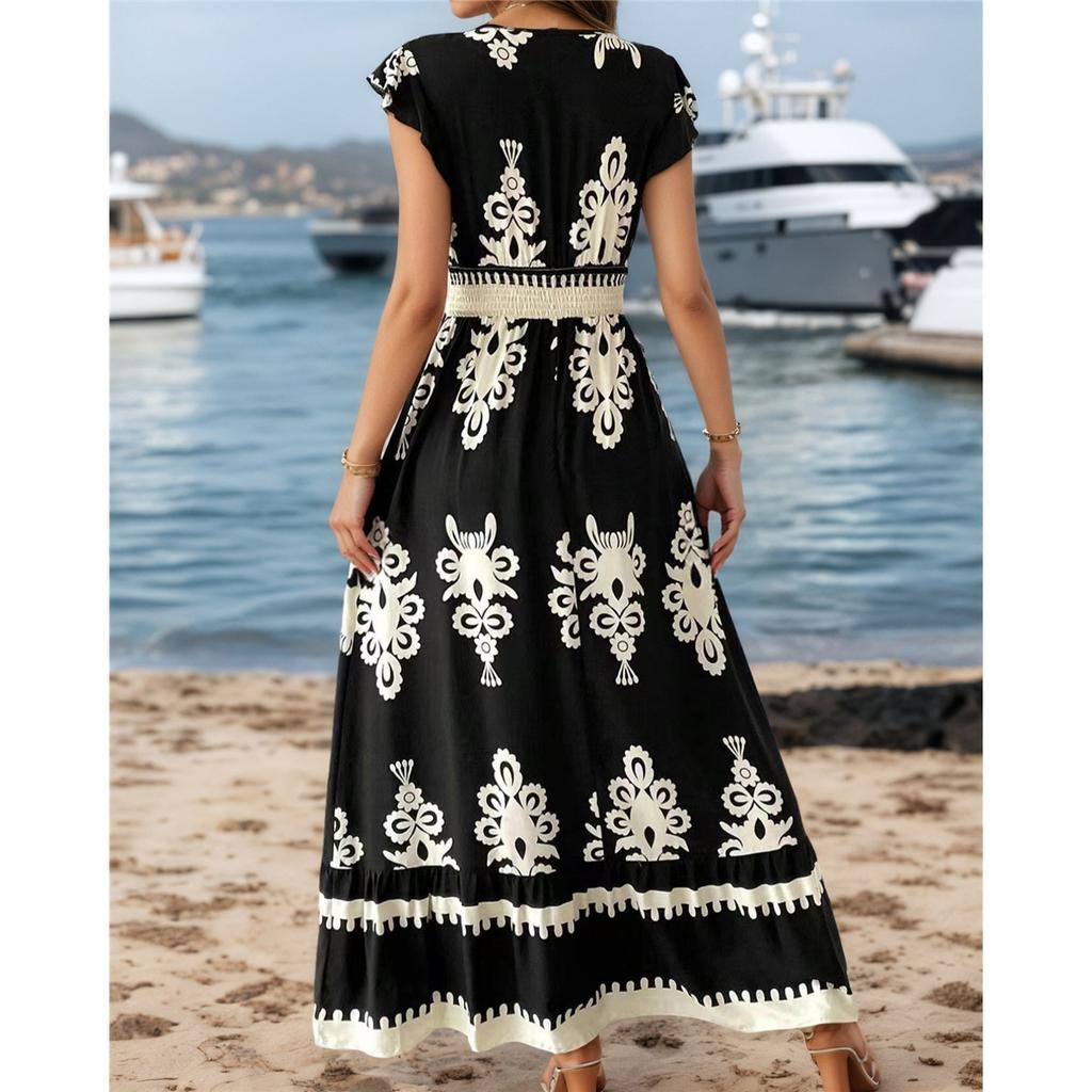 New Summer Holiday Style Printed V-neck Waist Short-sleeved Dress Holiday Long Dress