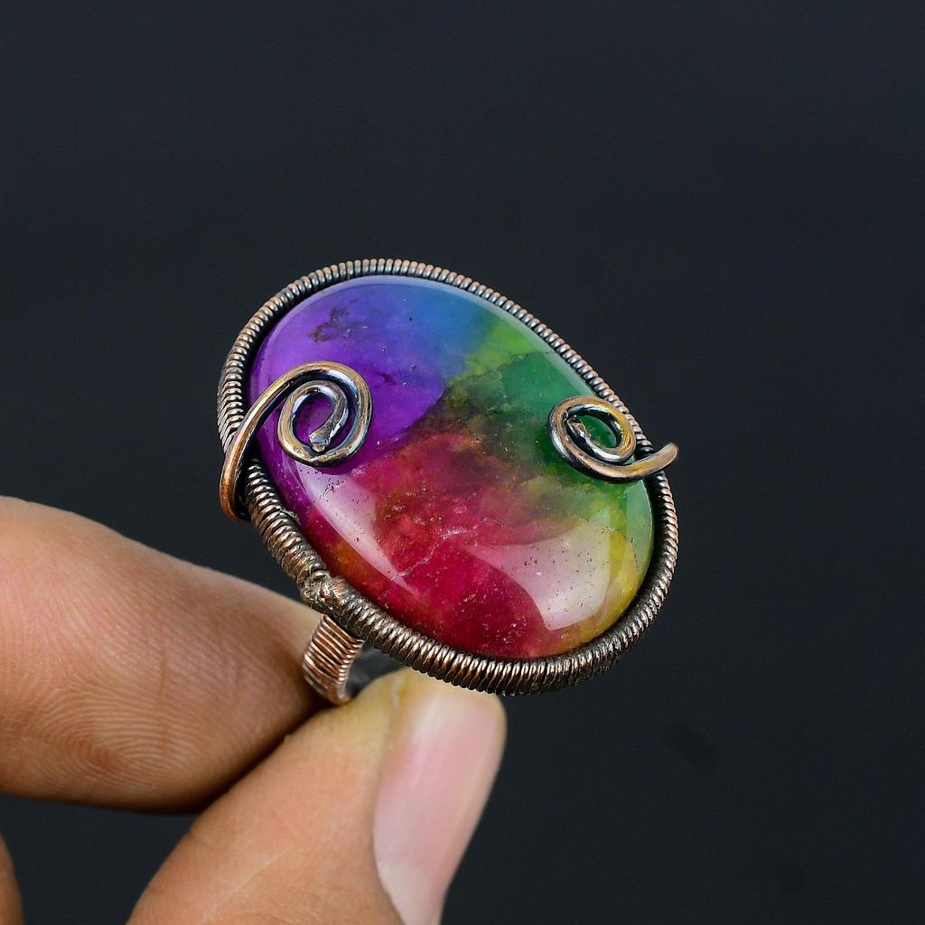 Rainbow Solar Quartz Gemstone Copper Wire Wrapped Handmade Jewelry Ring For Her All Size