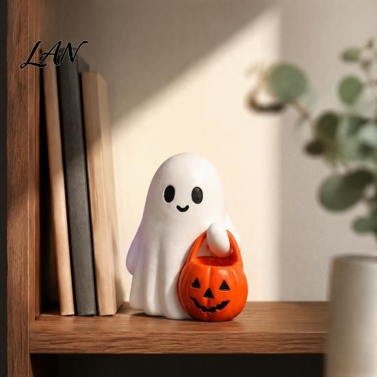 Indoor Festival Atmosphere Halloween Cute Ghost Figurine, Small Red Heart Pumpkin Bucket Statue, Seasonal Decorative Gifts Resin Funny Ornament