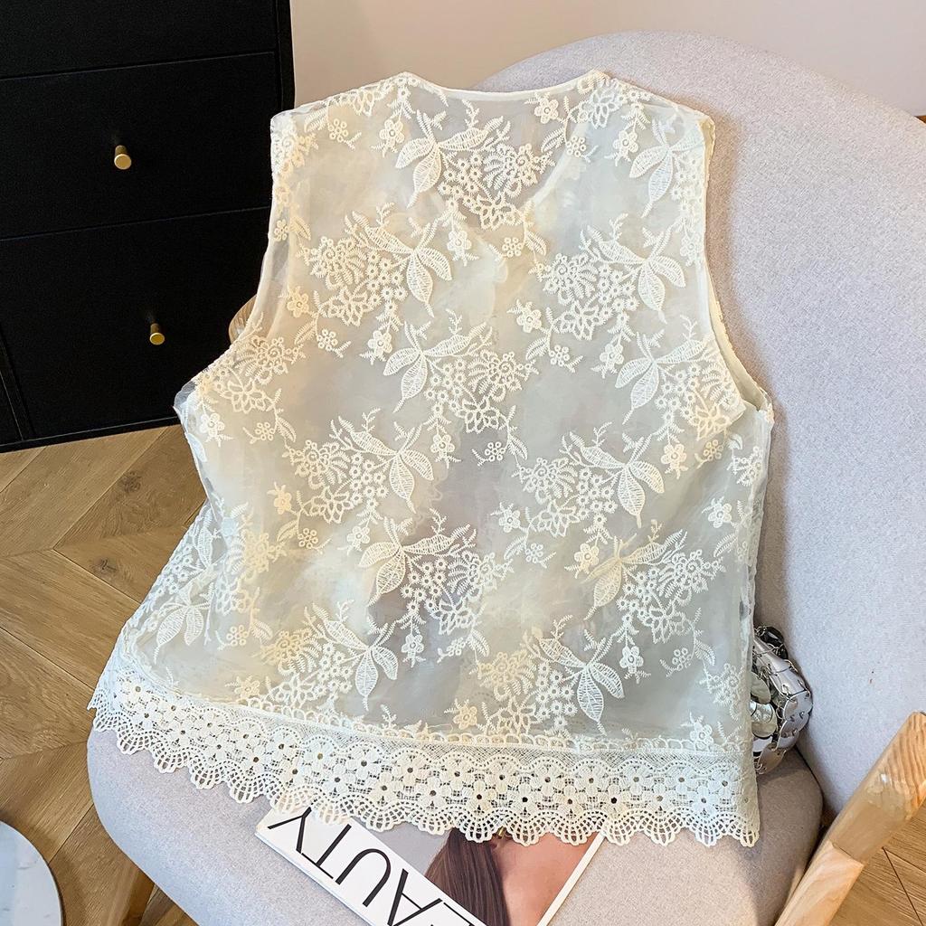 Women's Summer Organza Vest: Embroidered Sequins, Pearl Buttons, Sleeveless National Style