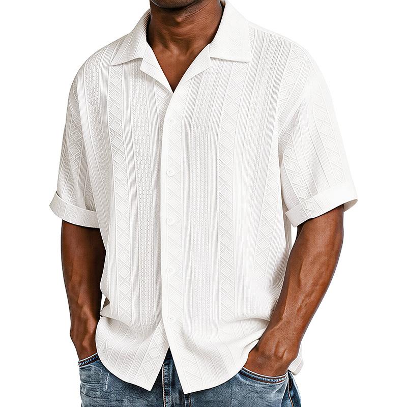 Men Cuban Collar Geometric Jacquard Full Button Short Sleeve Casual Shirt