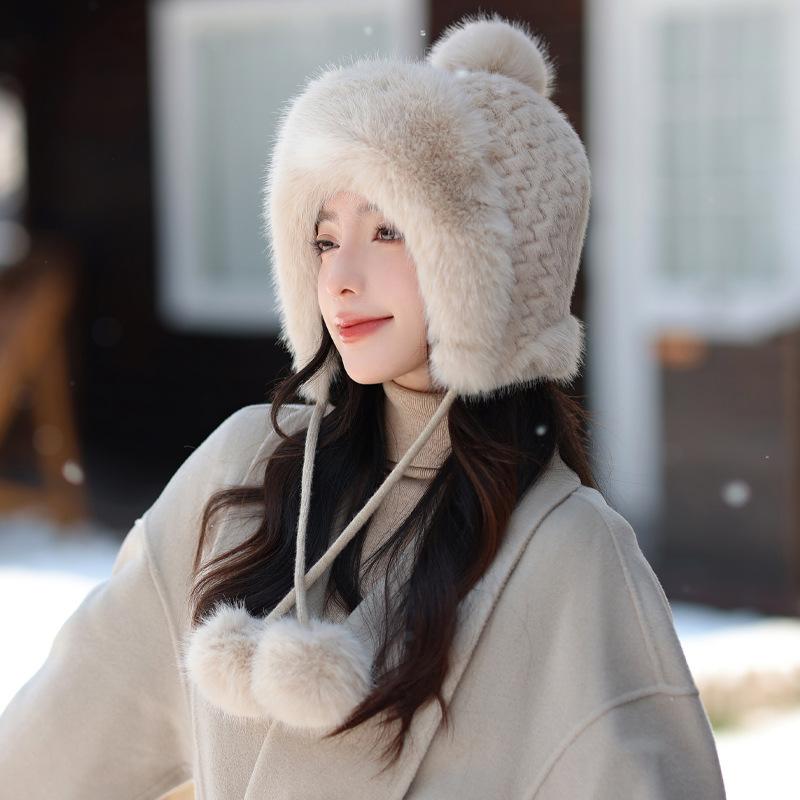 Шапка женская флисовая с кроличьей шерстью, вязаная шерстяная шапка, зимняя утолщенная теплая шапка Lei Feng, велосипедная шапка-ушанка