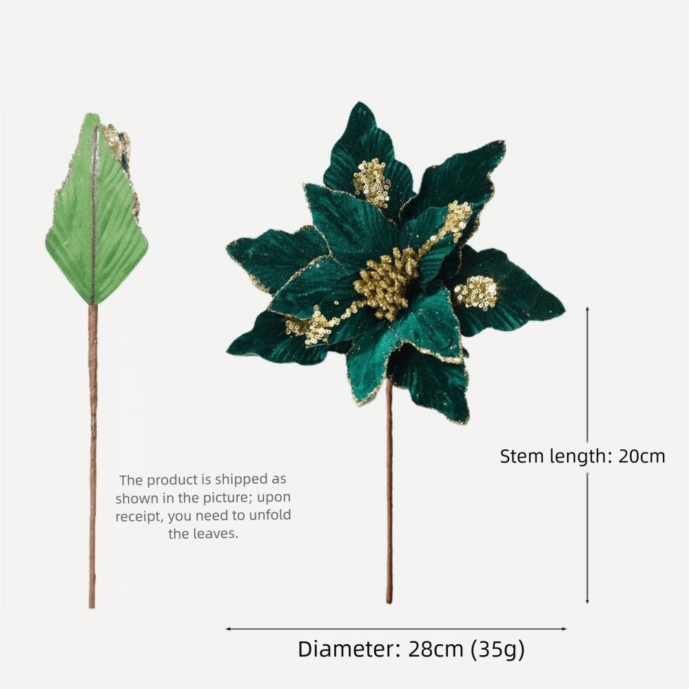 Flannel Fabric Christmas Artificial Flowers Glitter 28cm Xmas Decorative Flowers Plastic DIY Glitter Poinsettia Christmas Decor