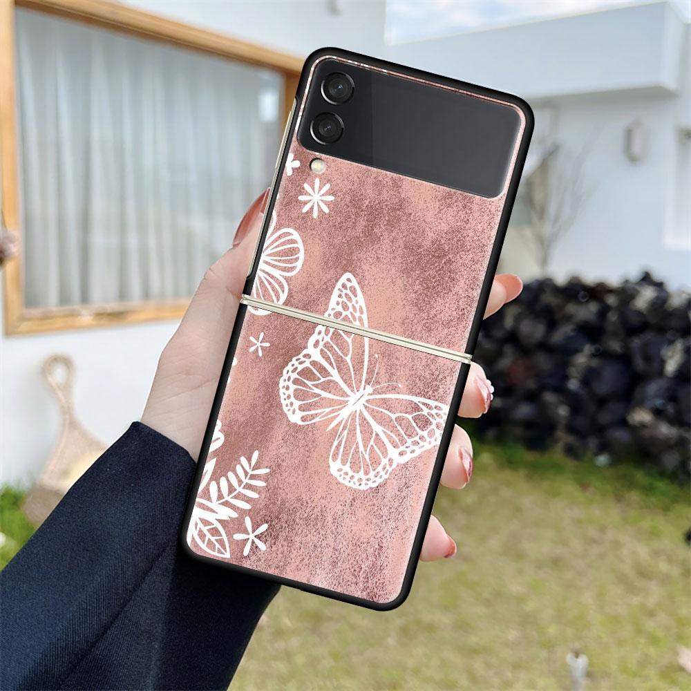 Роскошный чехол для Samsung Galaxy Z Flip 4 3 5G Черные жесткие ПК чехлы для телефона Модная задняя крышка ZFlip Funda Розовый цветок Сердце Ракушка Sac