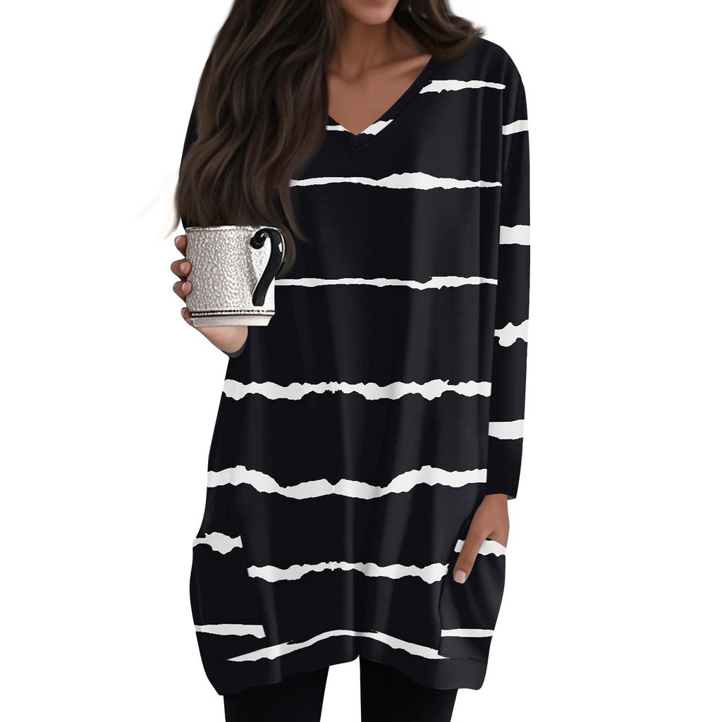 Womens Tops V-neck Long Sleeve Blouses Casual Mid-length Shirts Fashion Print Tunic Tops With Pockets