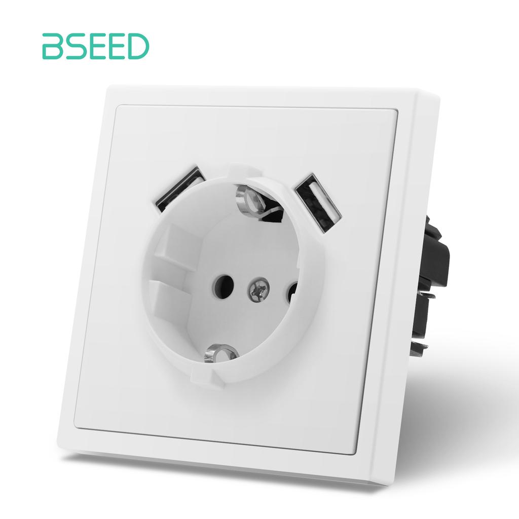 BSEED EU Large Button Wall Switches 1/2Gang 1Way Wall Power Sockets Dual USB Phone Charge Port 5V White Home E-Series