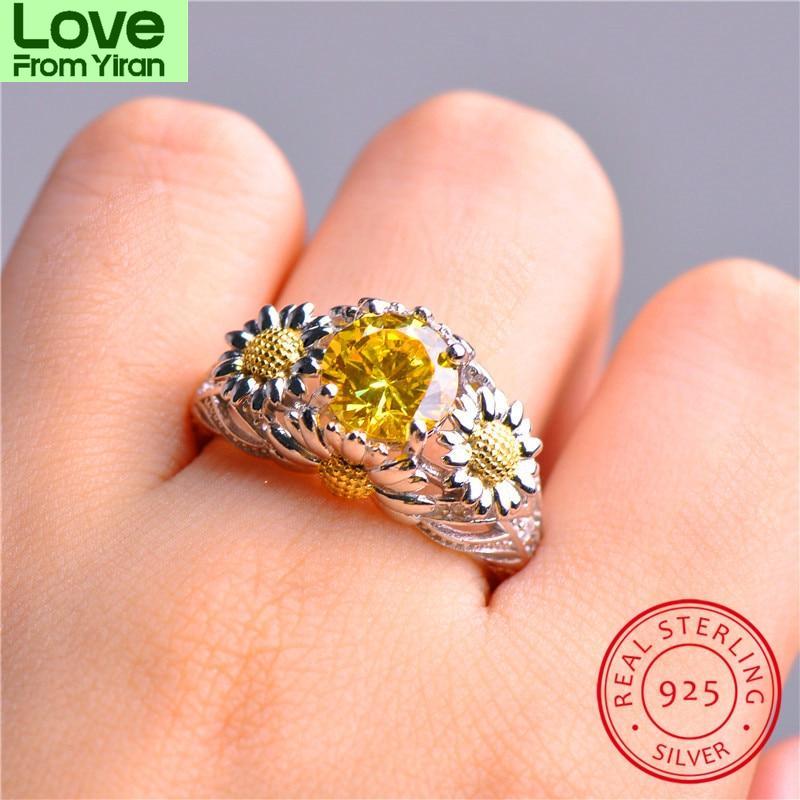 Cute Plant Daisy Ring 925 Sterling Silver Rings For Women White Yellow Topaz Red Ruby Stone Wedding Bands Zircon Engagement Ring