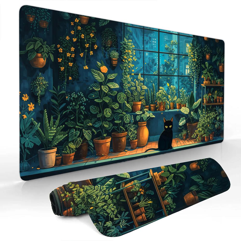 Cute animestyle black cat and green plants Mouse Pad Desk Mat NonSlip office mousepads pc accessories Gaming mats tapis souris