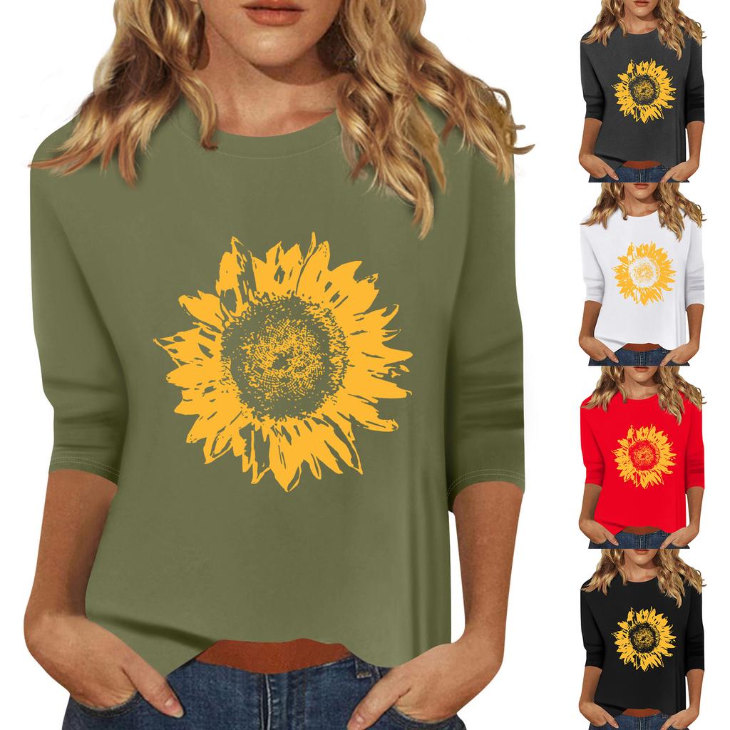 Women's Fashion Casual Printed Seven Sleeve Round Neck Top