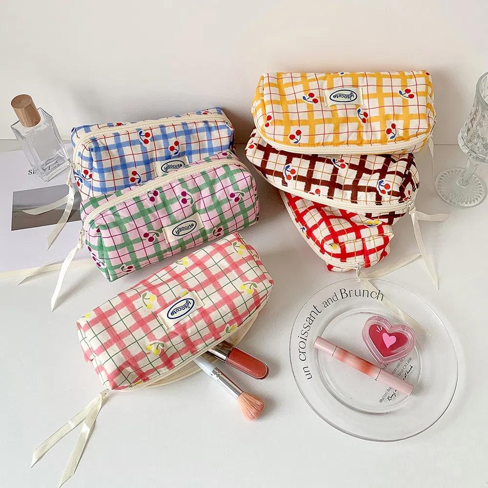 Large Capacity Y2K Cherry Pencil Case Checkered Cartoon Cherry Makeup Bag Korean Pencil Bag Gifts