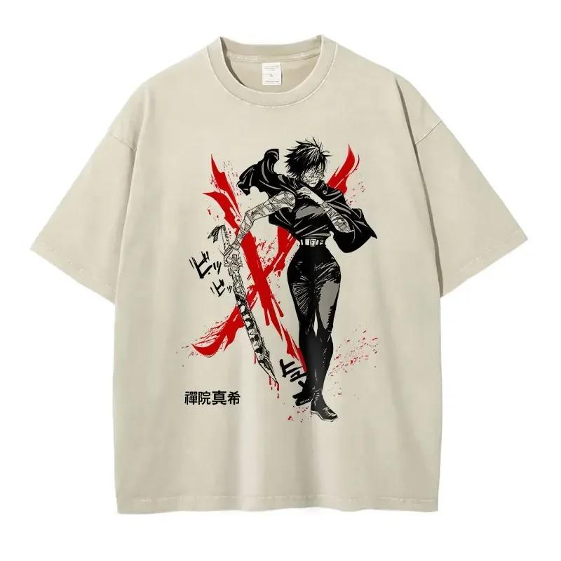 Японское аниме 100% хлопковая футболка Аниме J-Jujutsu K-Kaisen Винтажная стирка Футболка Свободная большого размера с коротким рукавом