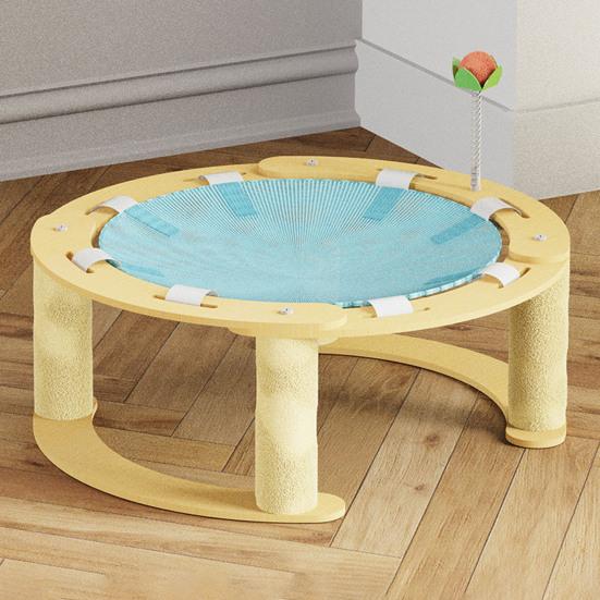 Elevated Cat Hammock Free-Standing Pet Bed Summer Breathable Raised Cat Hammock Bed with Spring Ball/Scratching Post for Indoor Cats