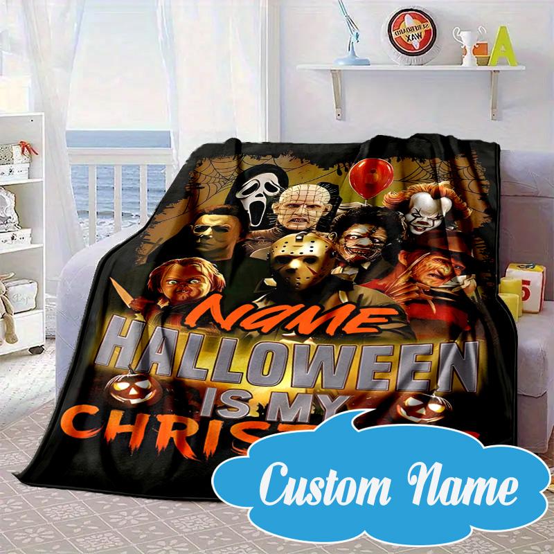 Custom Name Halloween Horror Christmas Blanket bed sofa Blanket Flannel Blanket for Camping, Hiking, Picnic Essentials,gift for Fan family