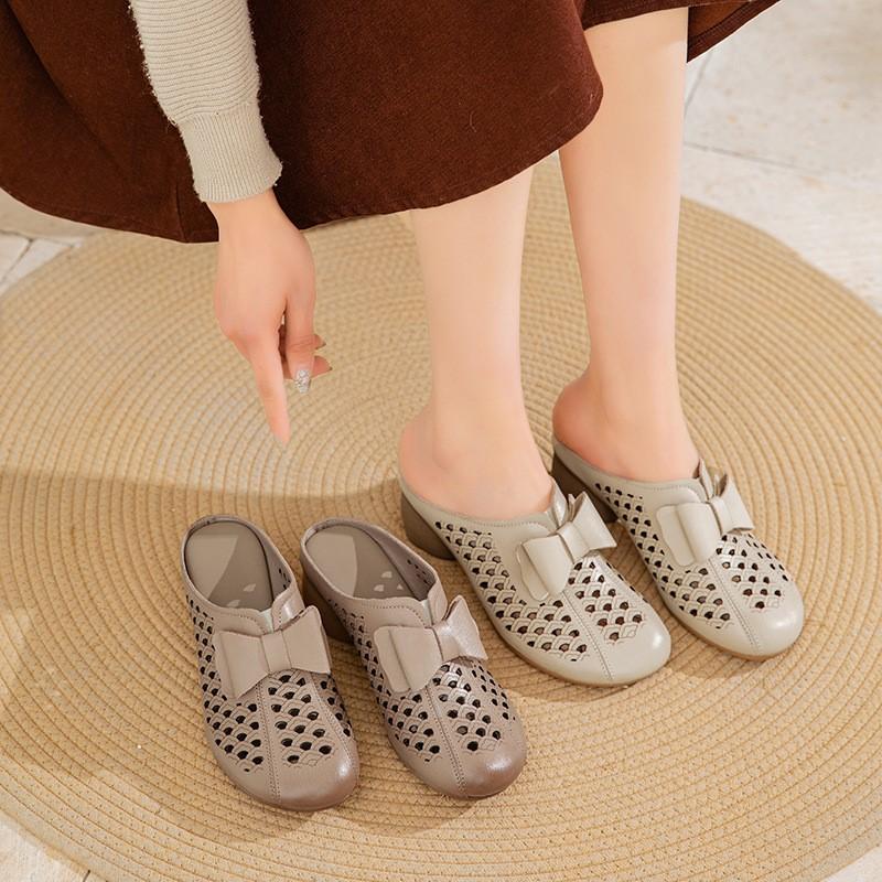 Johnature Женские тапочки из натуральной кожи с толстым каблуком и цветочным узором, с круглым носком, универсальная женская обувь