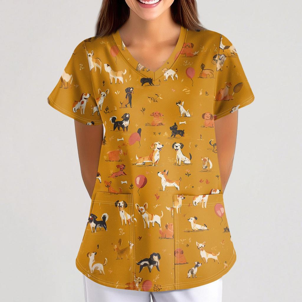 Women's Small Animal Cartoon Print Loose V-neck Pocket Short-sleeved  Uniform  Uniform