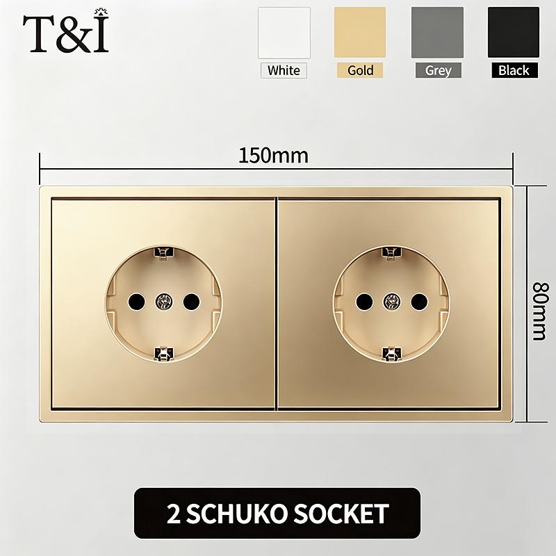 Flush Mount EU Electrical Socket 16A 250V with USB Type-C Charging 1/2 Gang Switch, 80x80mm Golden Panel for European Standard