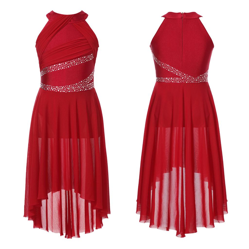 Детское лирическое платье для латинских танцев для девочек, купальник без рукавов со сверкающими стразами и рюшами, балетная танцевальная одежда