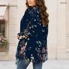 Women Plus Size Long Sleeve Open Front Black Floral Printed Draped Collar Curved Hem Cardigan