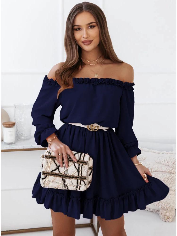 2022 Spring/Summer Women's Off-the-Shoulder Casual Solid Color Waist-Gathering Dress