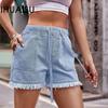 Women's Elastic Waist Drawstring Casual High Waist Raw Edge Denim Shorts
