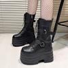 High Platform Gothic Boots Buckle Autumn Winter Leather Shoes Punk Street Cosplay Mid-calf Boots Motorcycle Short Botas 13.5cm